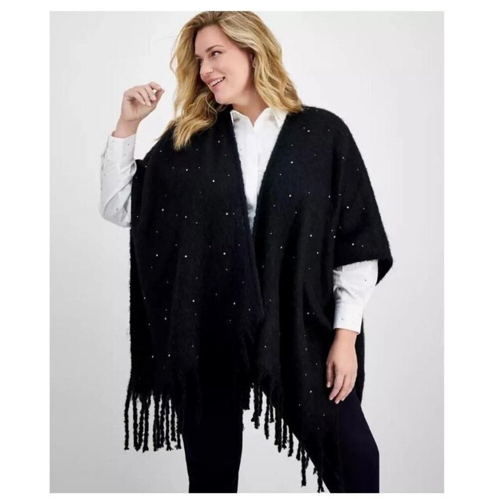 INC Int. Concepts embellished fringe open front ruana poncho topper - Black